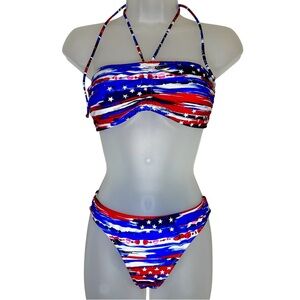 OP bikini string tie top red white and blue patriotic size L